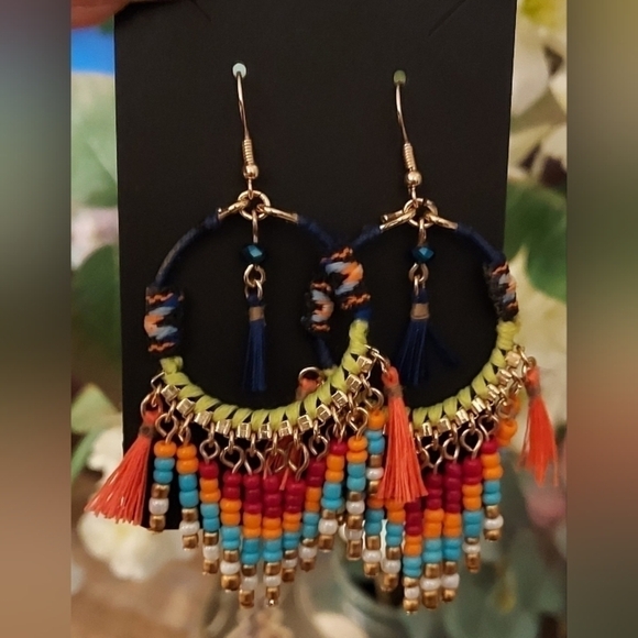 Gold Tone Colorful Boho Dangle Earrings 3.5" - Picture 2 of 2